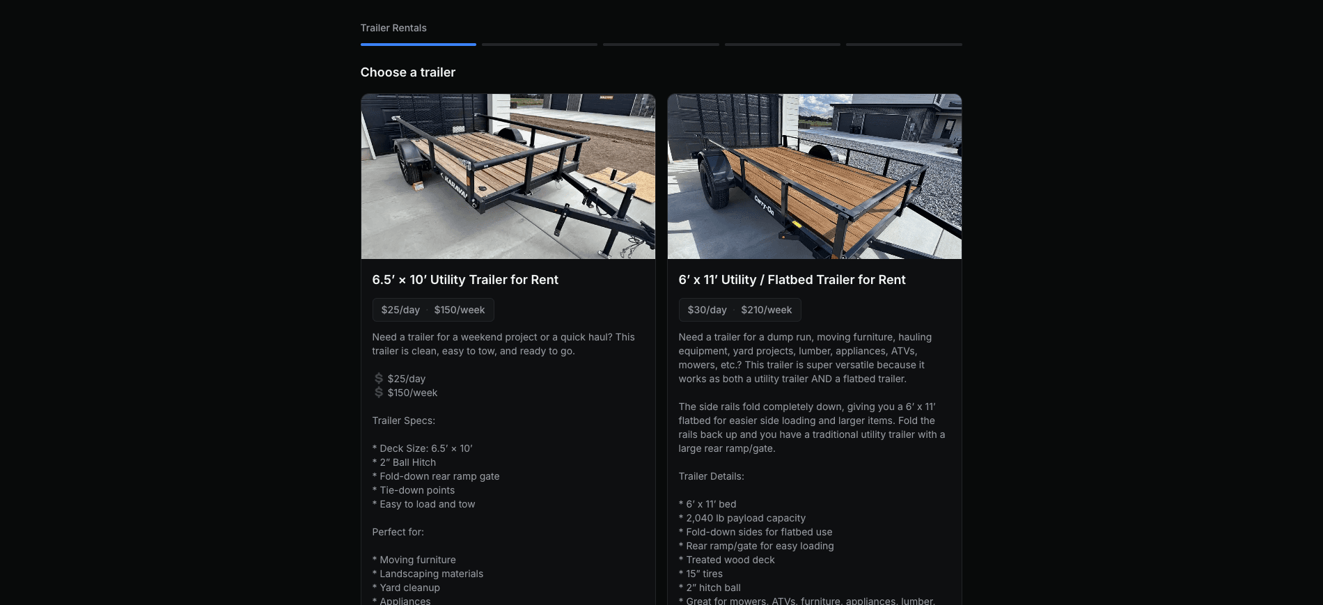 Customer booking flow: choosing between two trailers with photos, pricing, and specs