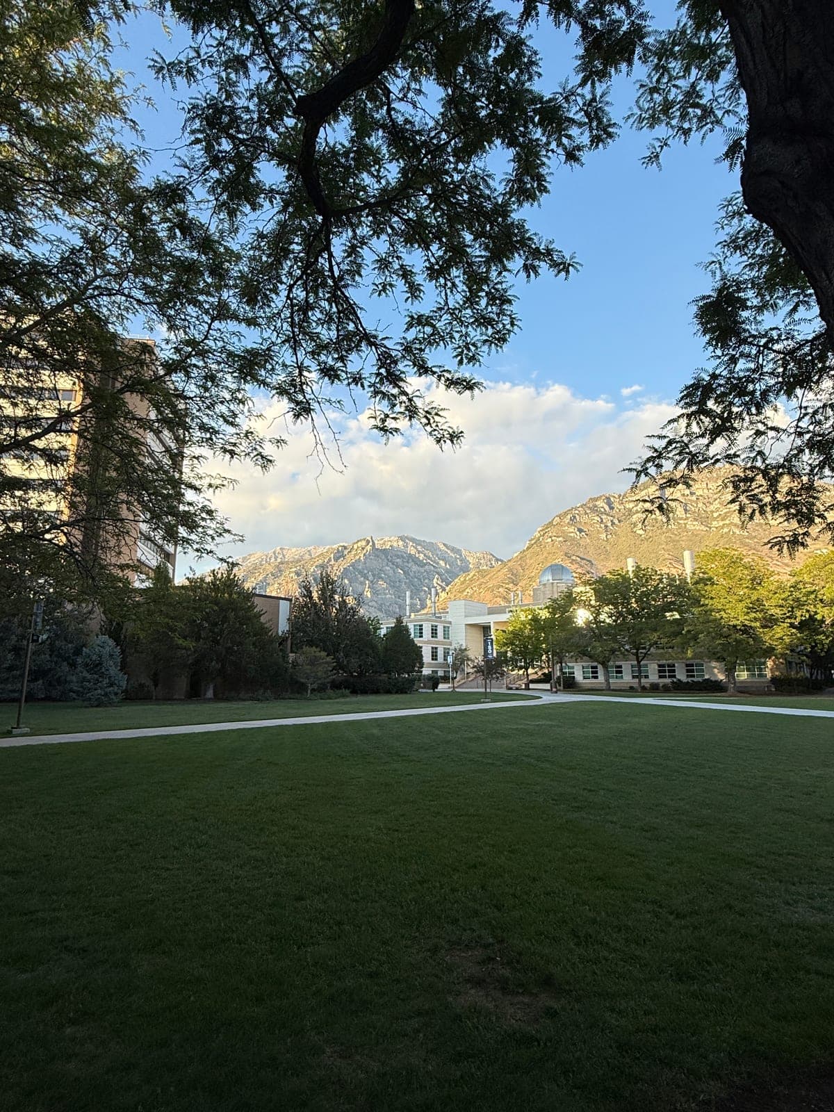 BYU campus lawn with mountains in the background